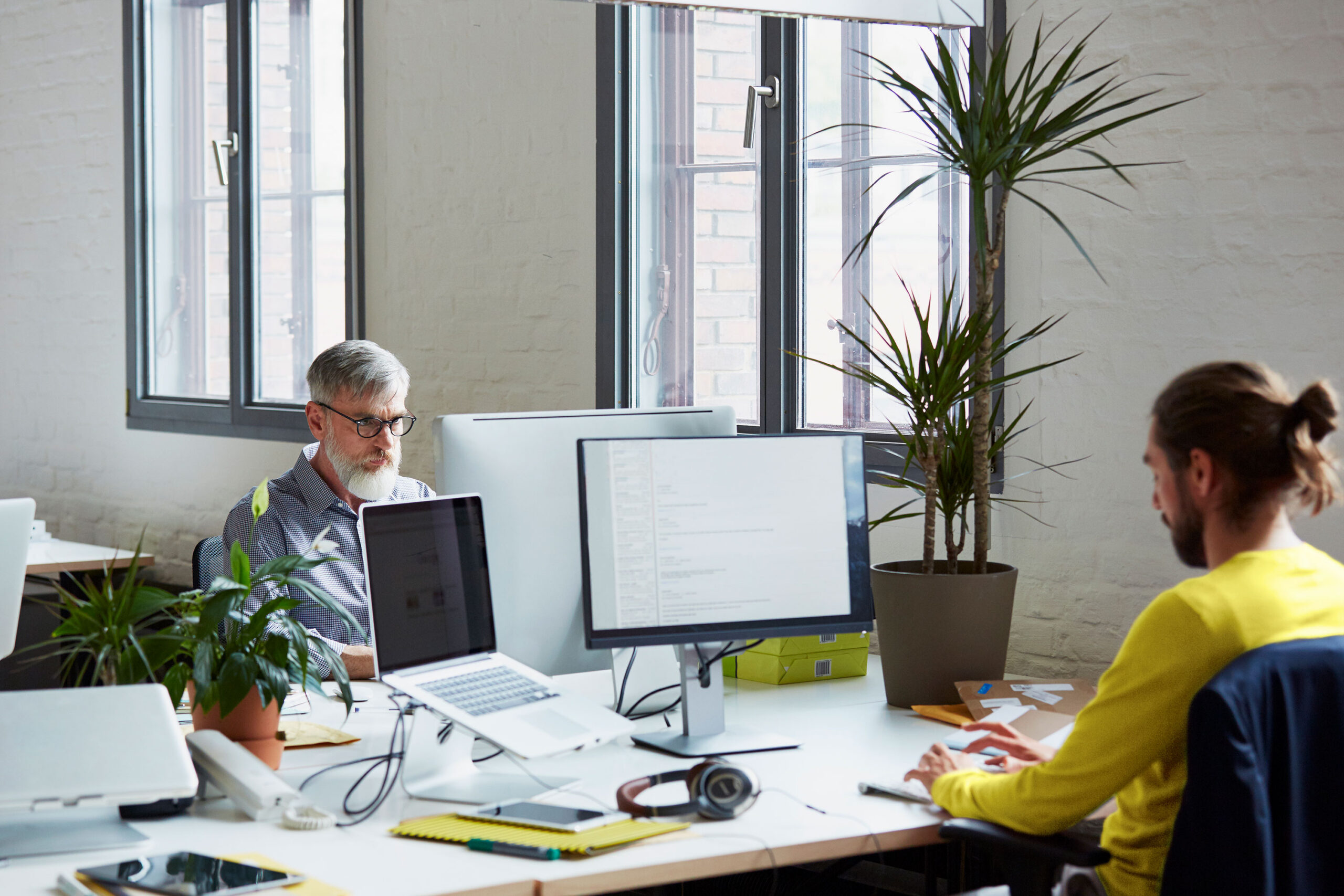 Two people in office setting looking at computer screens