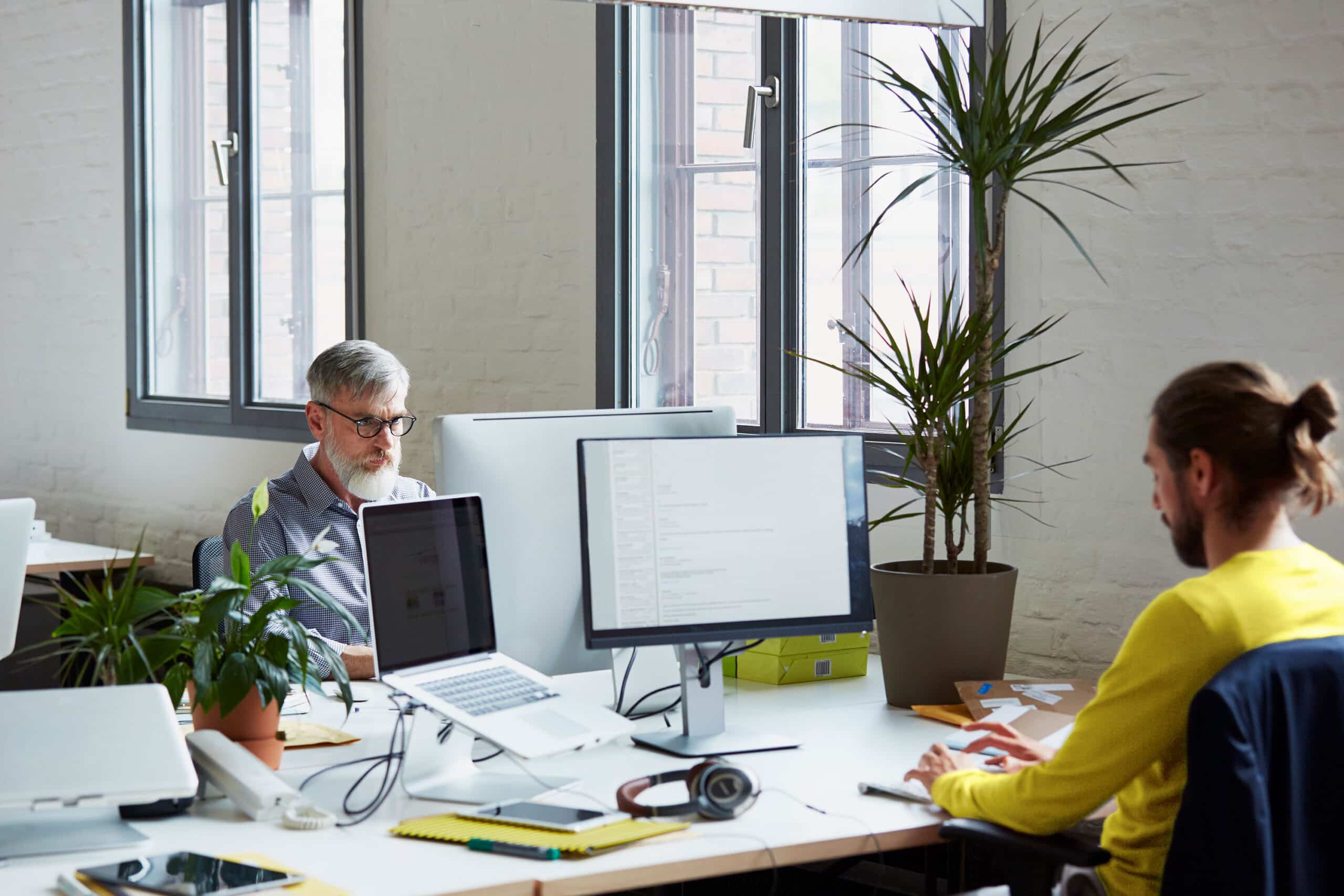 Two people in office in front of computers