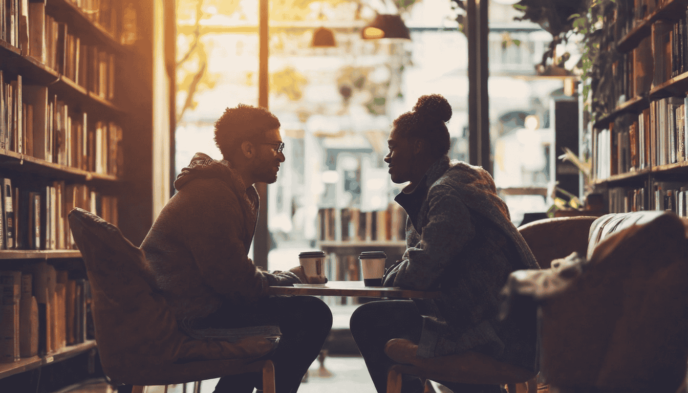 two people conversing at a library table
