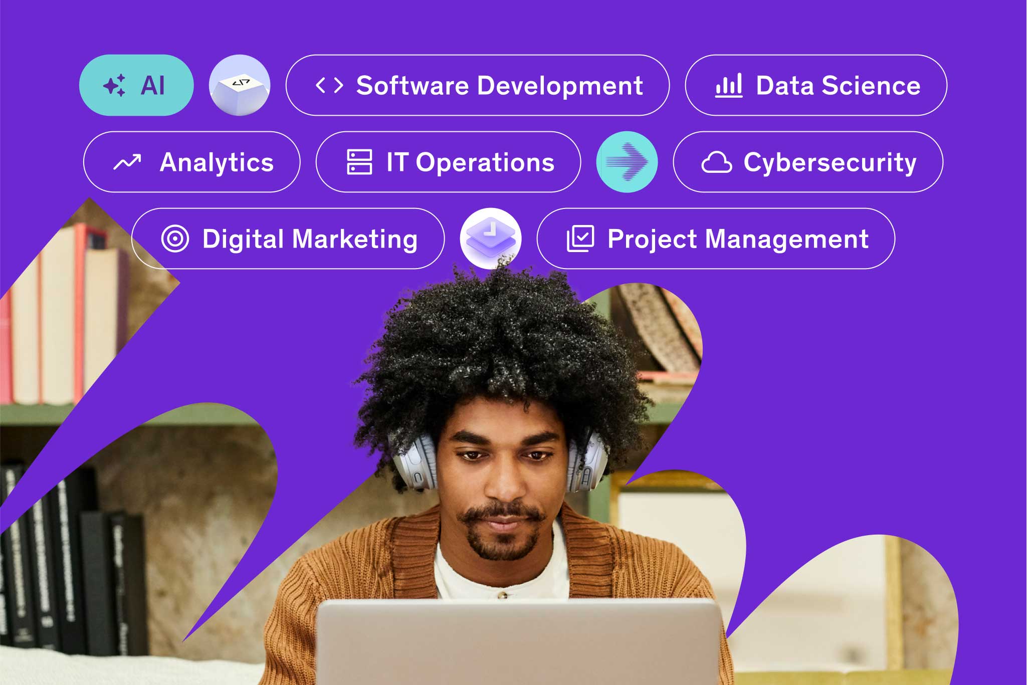 Man on laptop with a purple graphic displaying different skills to learn