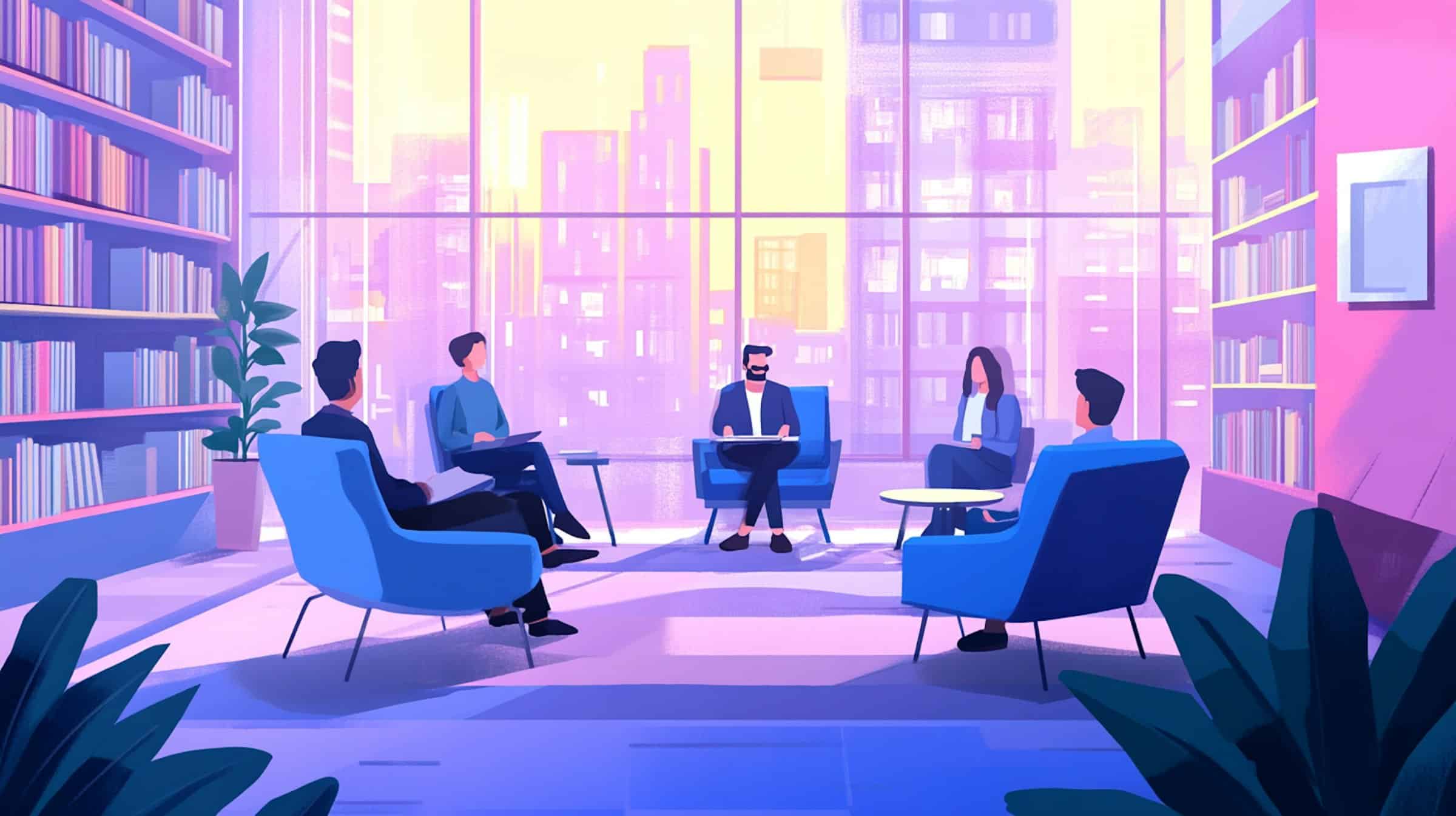 graphic illustrating 5 coworkers having a meeting in a modern office