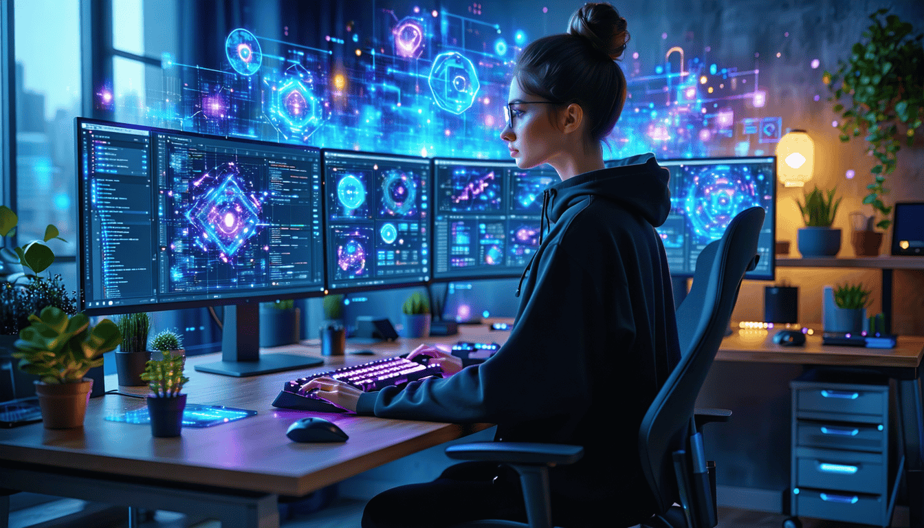 Graphic showing a woman coding at her desk
