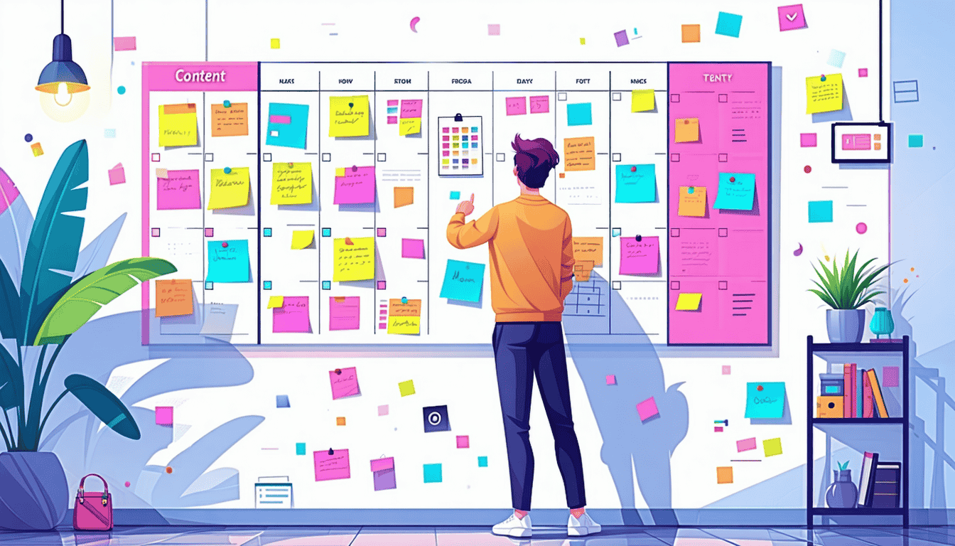 Graphic illustrating a figure reviewing their content calendar