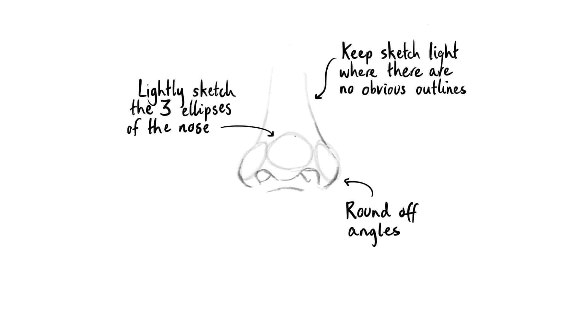 A sketch of a nose, with arrows pointing out how the sketch was formed