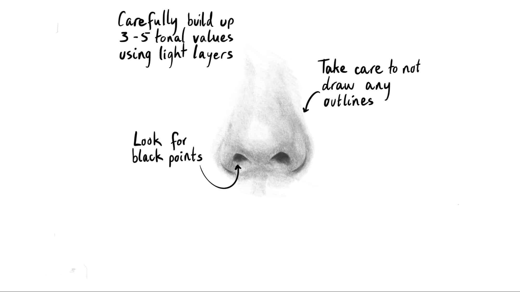 A nose with arrows showing how to shade and highlight to add more realism