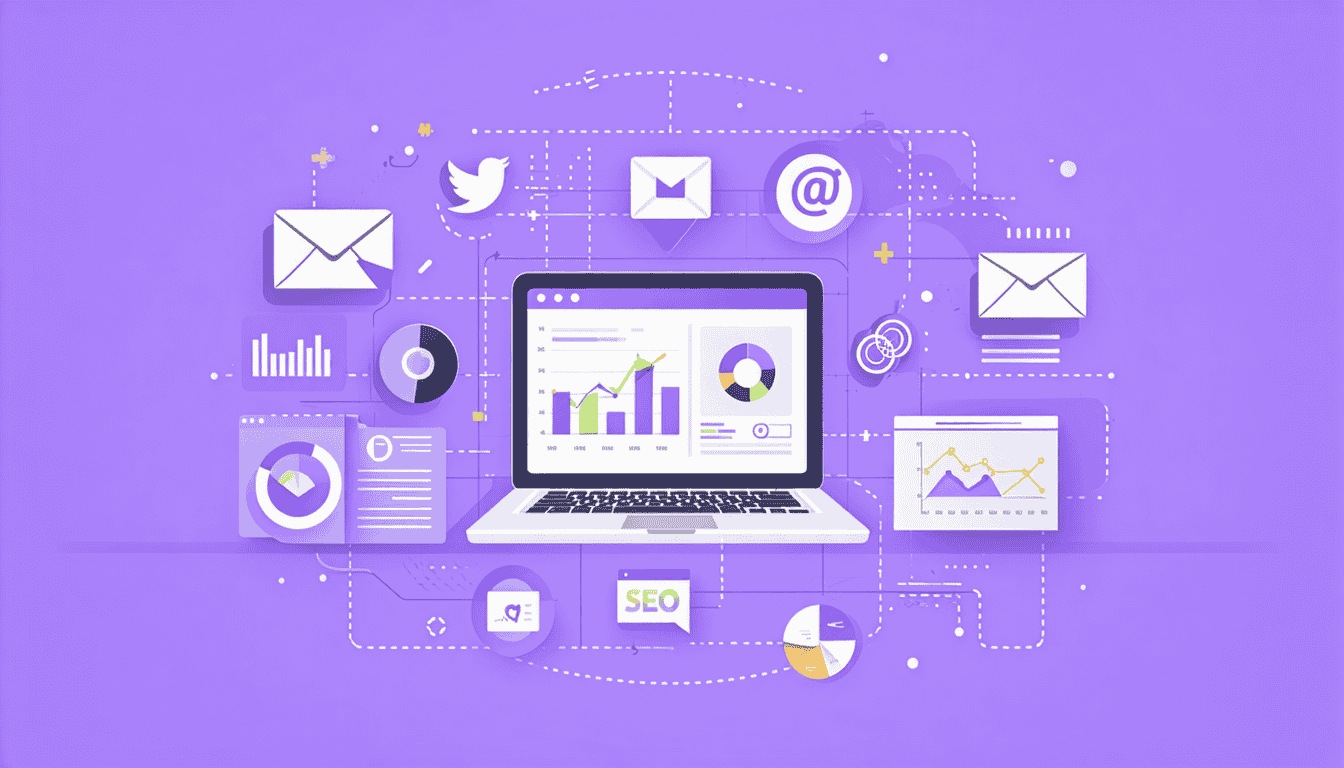 Illustration showing different icons and symbols that represent the various areas of digital marketing