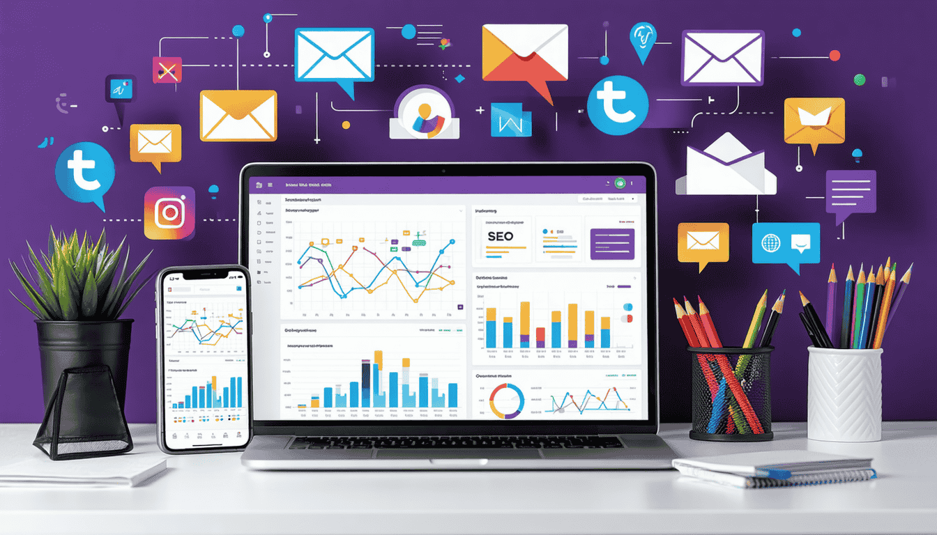Graphic with a laptop and phone showing the connection of different digital marketing areas