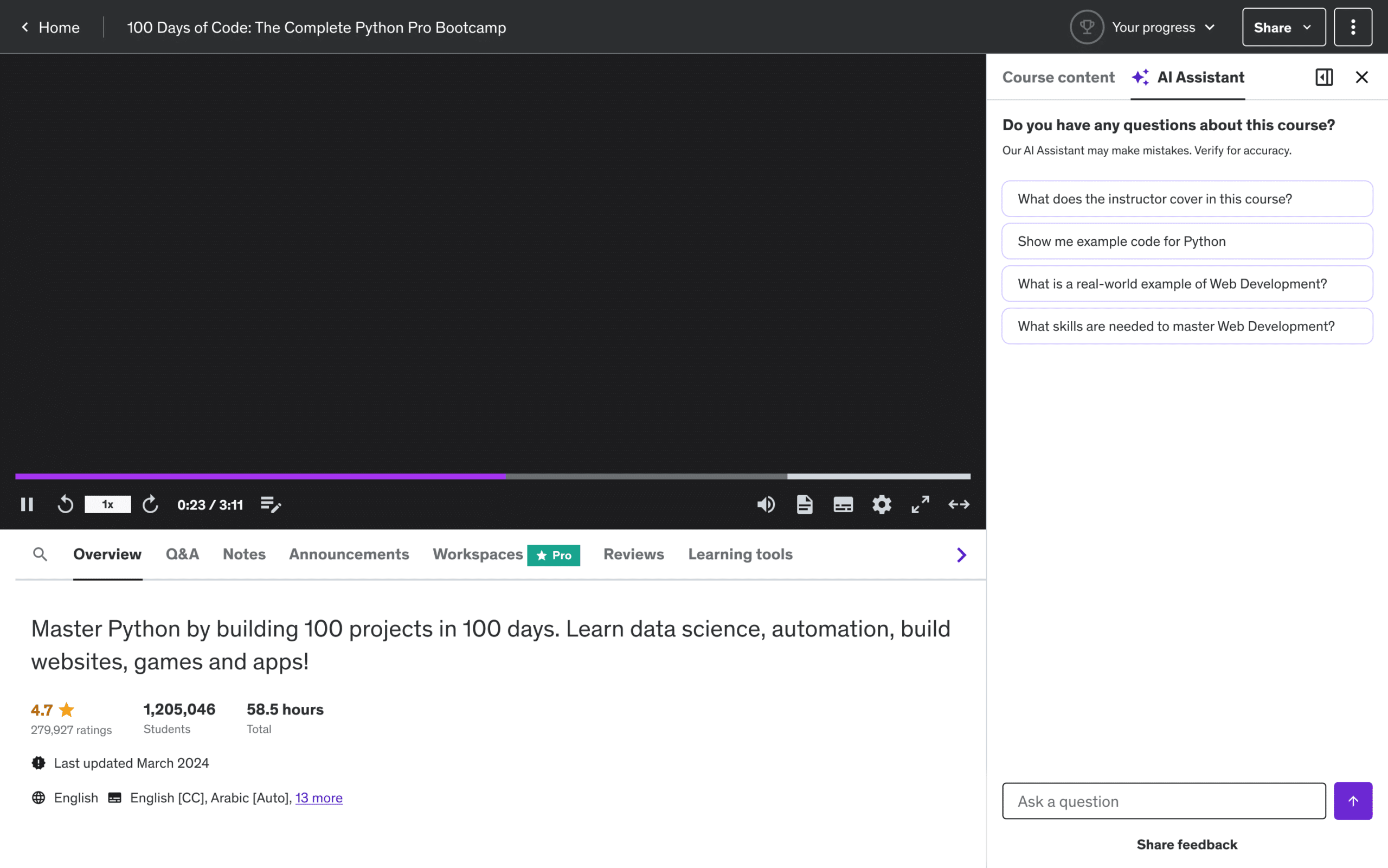 Screenshot showing the AI Assistant's Q&A feature