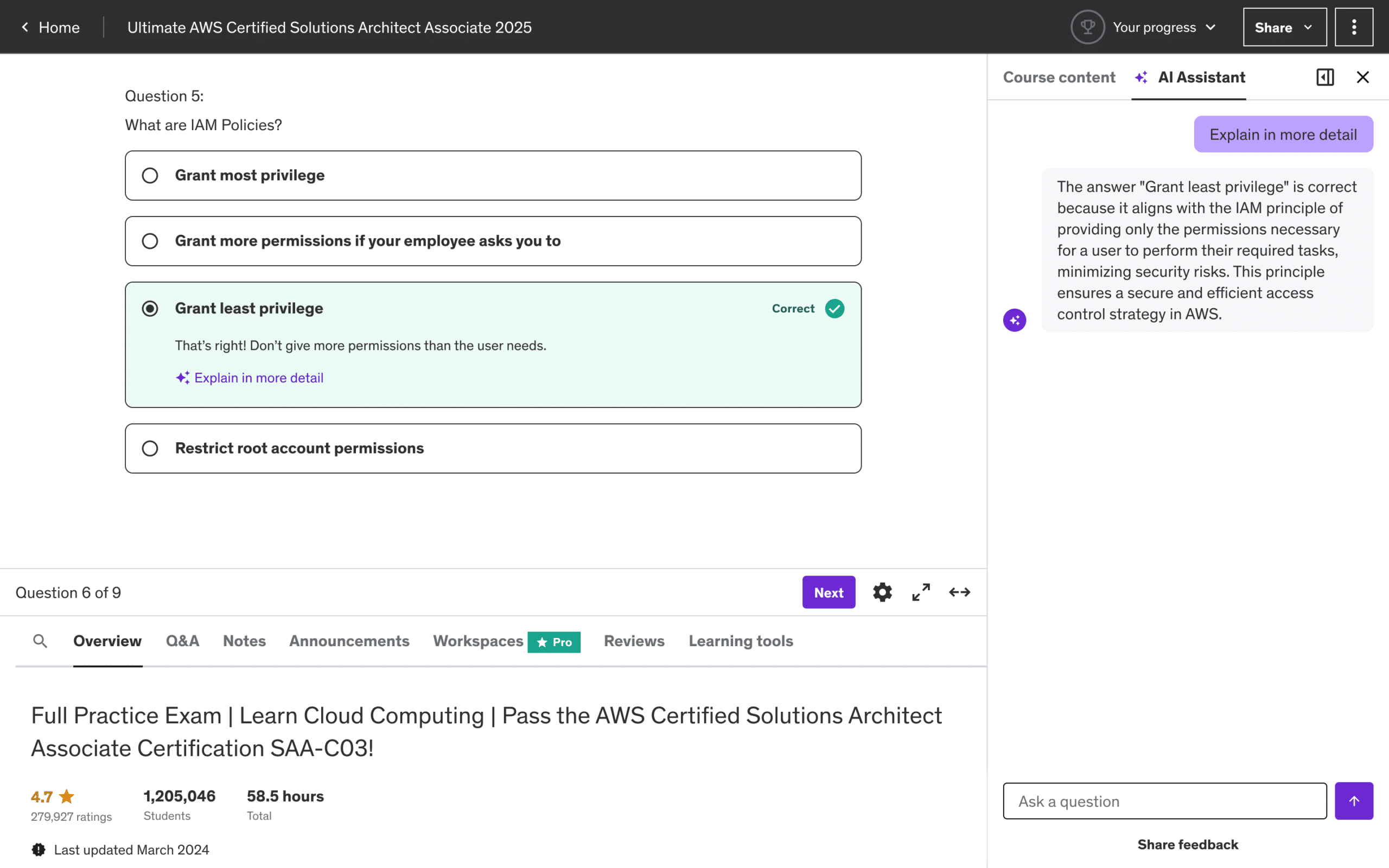 Screenshot showing AI Assistant's quiz answer explanation feature